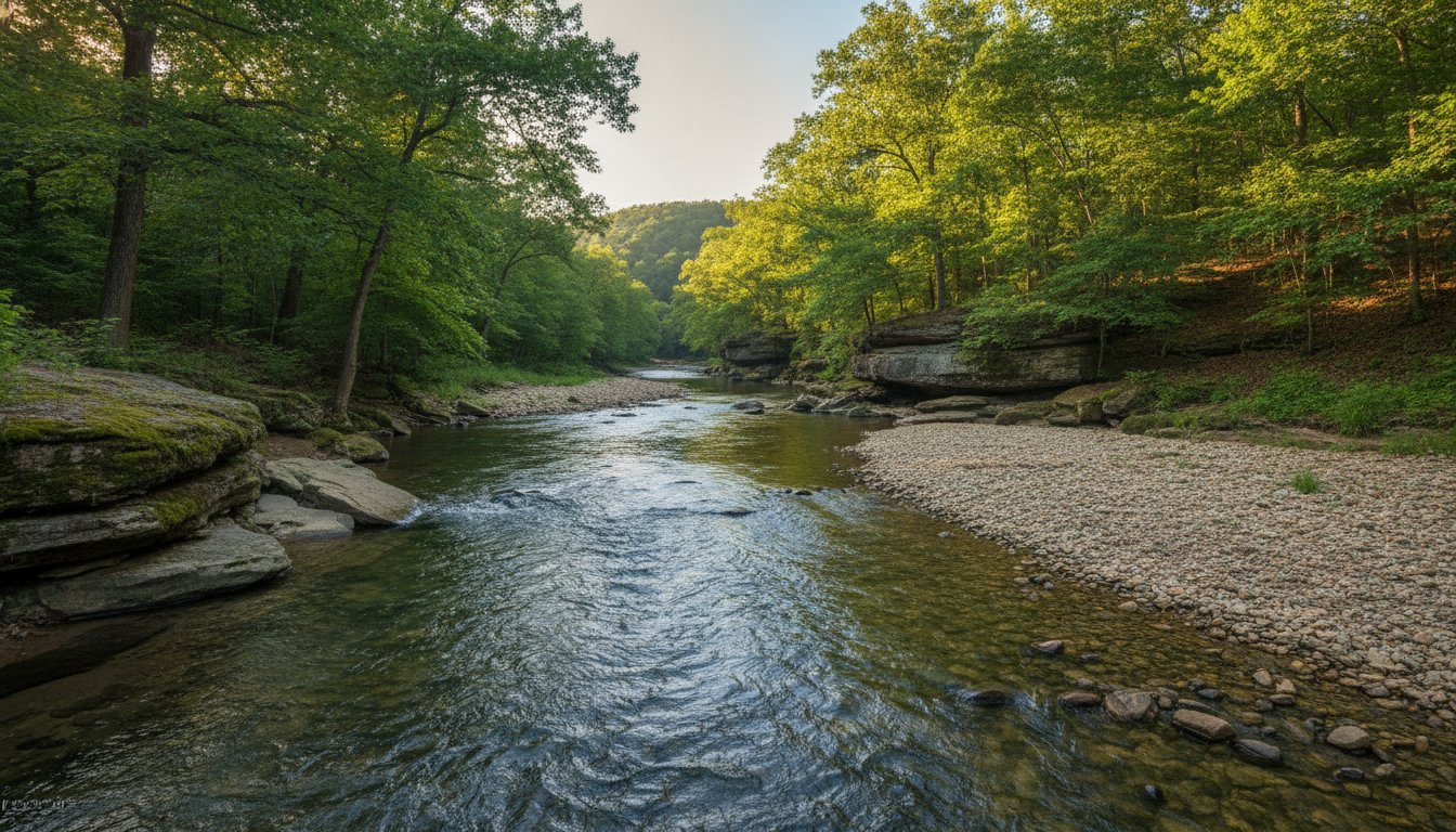 Clear water, gravel bars, and limestone bluffs on a Kings River float near Berryville, Arkansas